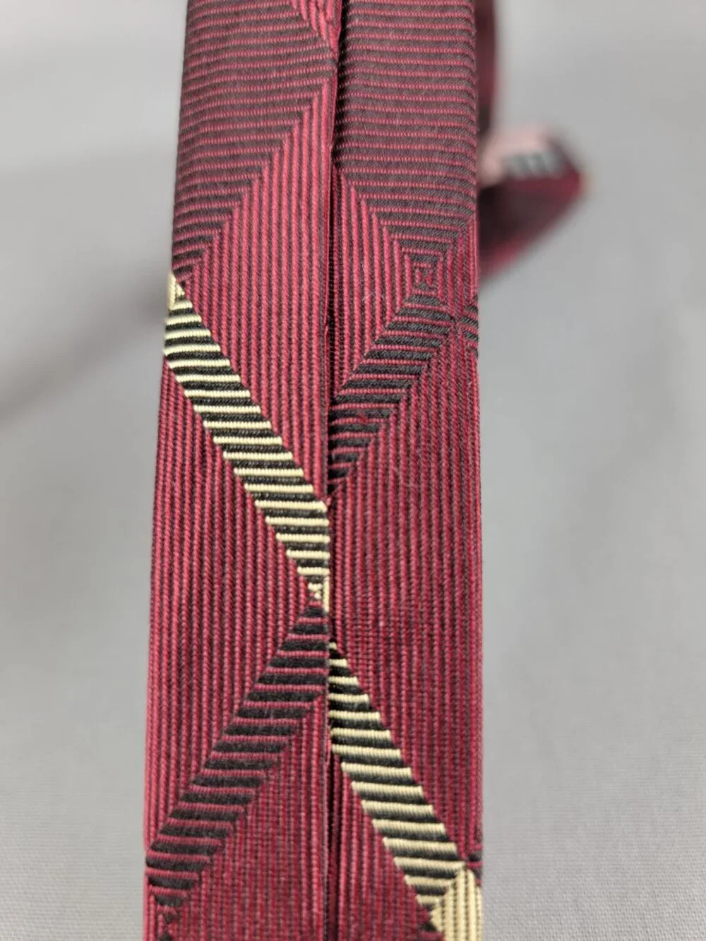 Fairfax Barneys Silk Necktie Tie Mens Maroon Gold Black Stripe Hand Made